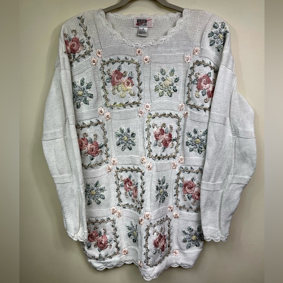 🌸 VTG 🌸Sarah Morgan White Pink Floral Embroidered Beaded Knit Sweater - S - Picture 2 of 10